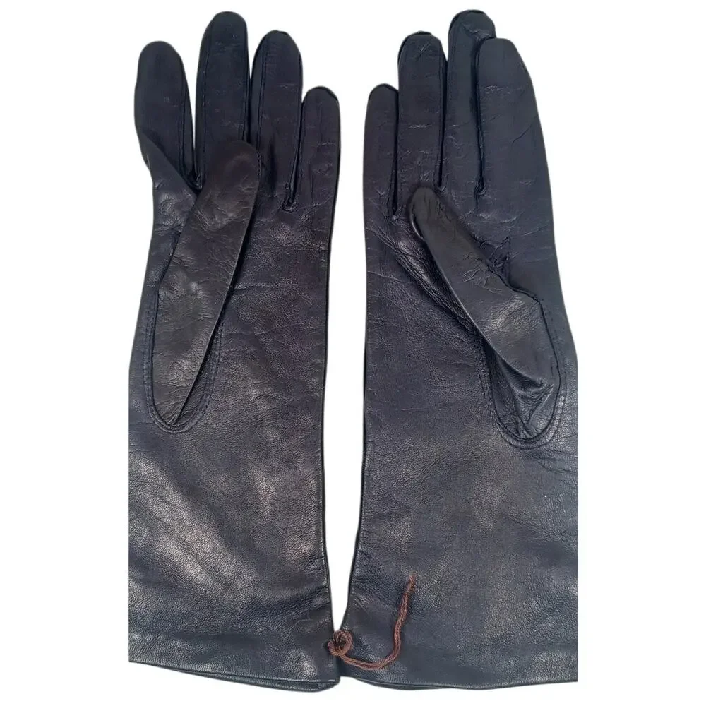 Vintage Made in Italy Dark Blue Leather Gloves with 100% Silk Lining, Size 7